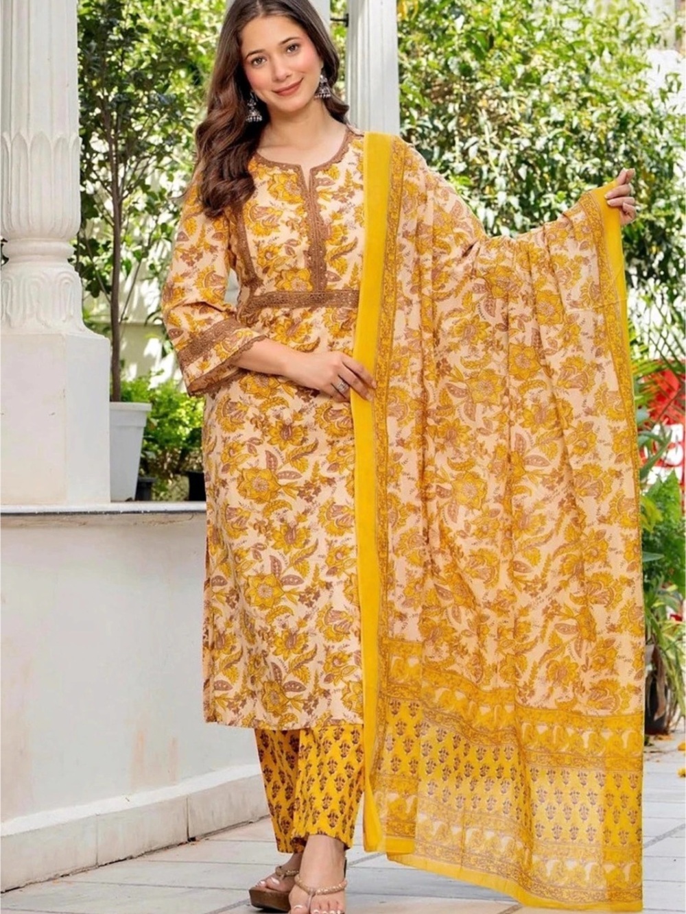 Indian Punjabi 100% cotton Amayra Kurta Set Floral in Yellow 4XL NWT